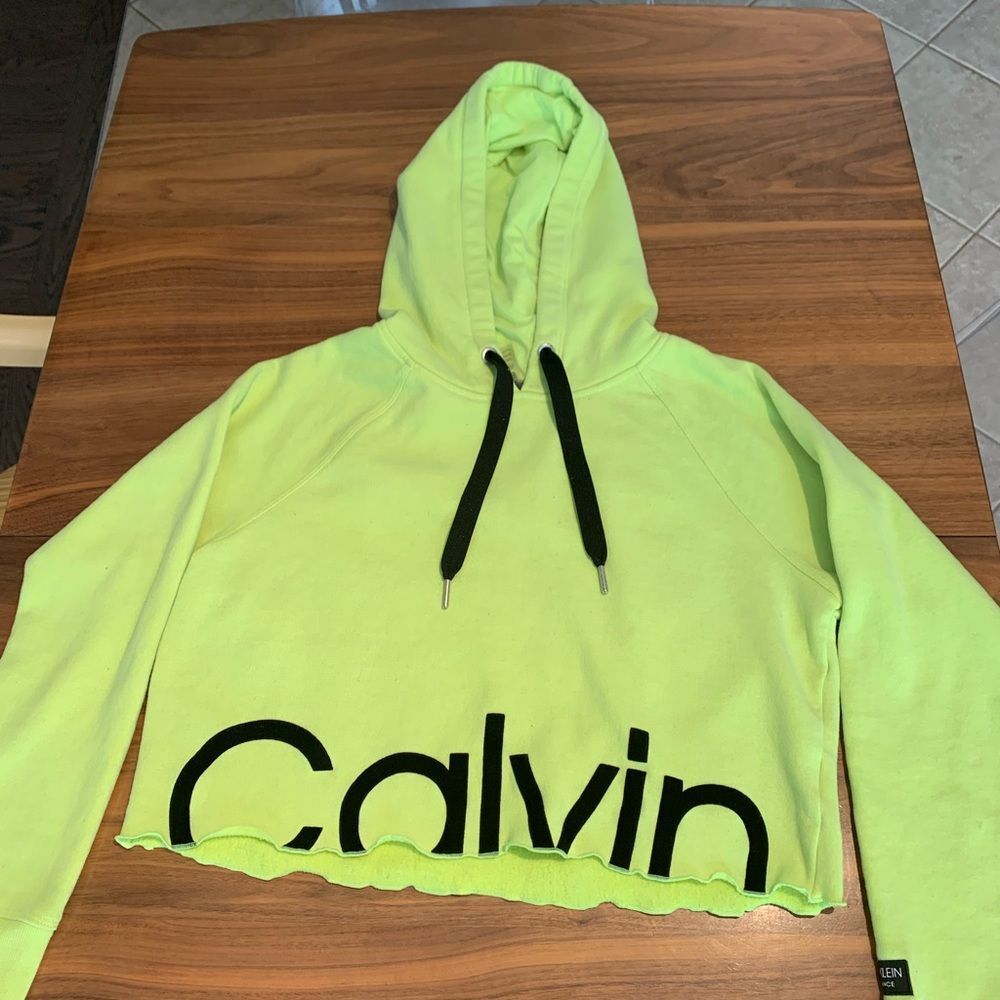 Calvin Klein Neon Green cropped sweatshirt, Sz S, hood, long sleeve,